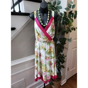 Cheztu Long Maxi Dress Women's 18 White Floral Surplice Neck Sleeveless Back Zip